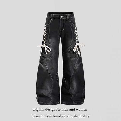 Damen Weite hochtaillierte Denim-Culotte mit seitlicher Schnürung und Cargo-Taschen Nord Taschen