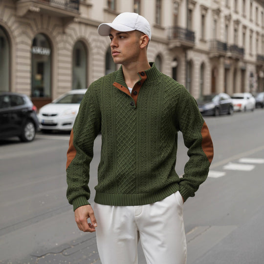 Herren Troyer-Pullover mit Stehkragen, strukturierter Strickoptik und Kontrast-Ellbogenpatches Nord Taschen