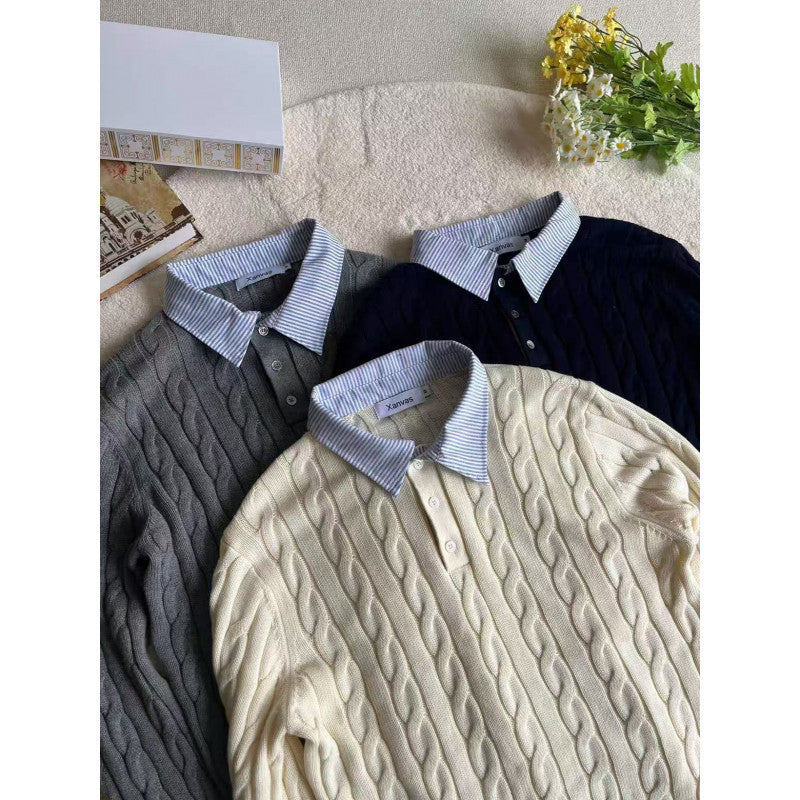 Damen gestrickter Polo-Pullover mit Zopfmuster und eingesetztem Hemdkragen Nord Taschen