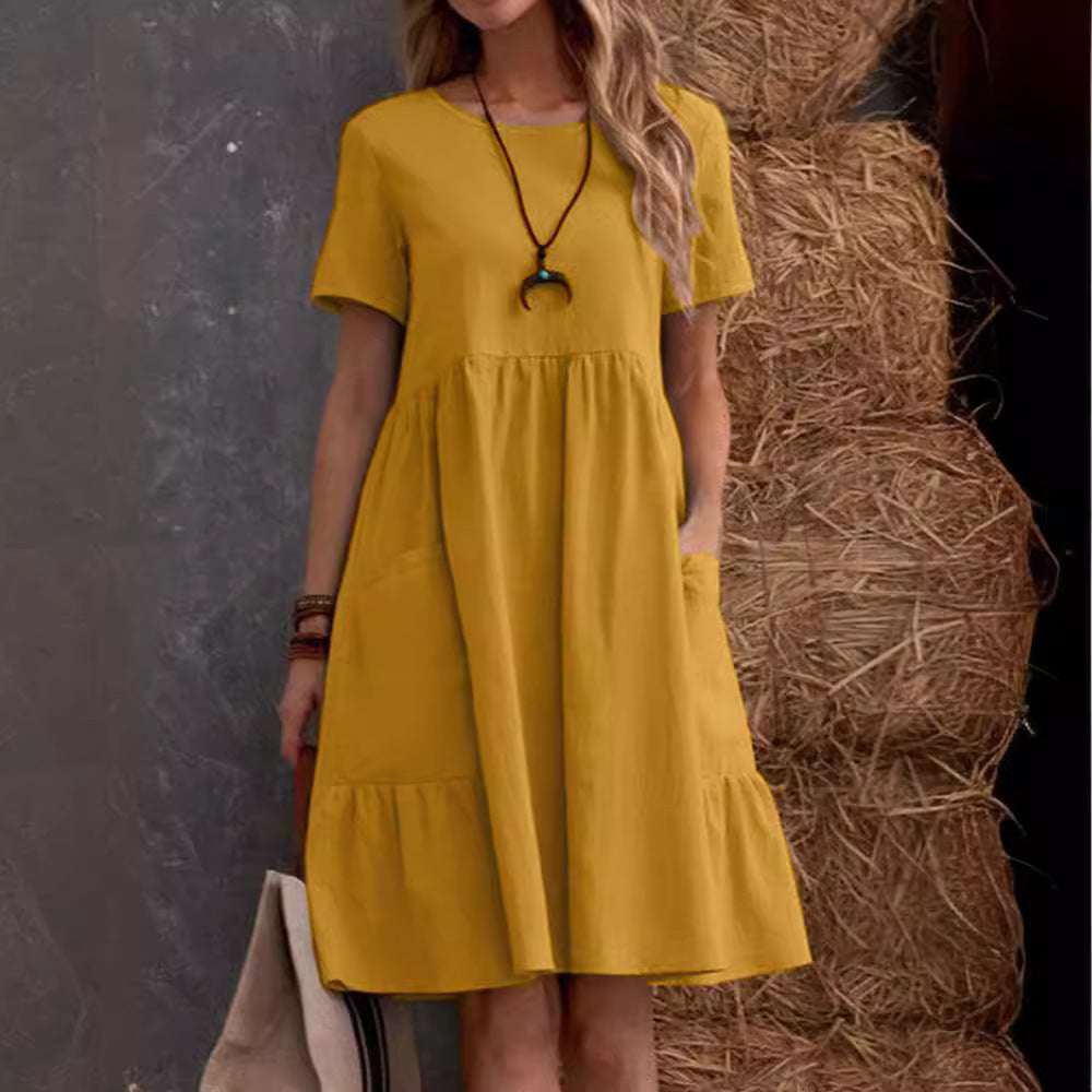 Damen Lockeres Baumwollkleid mit Taschen und Volant
