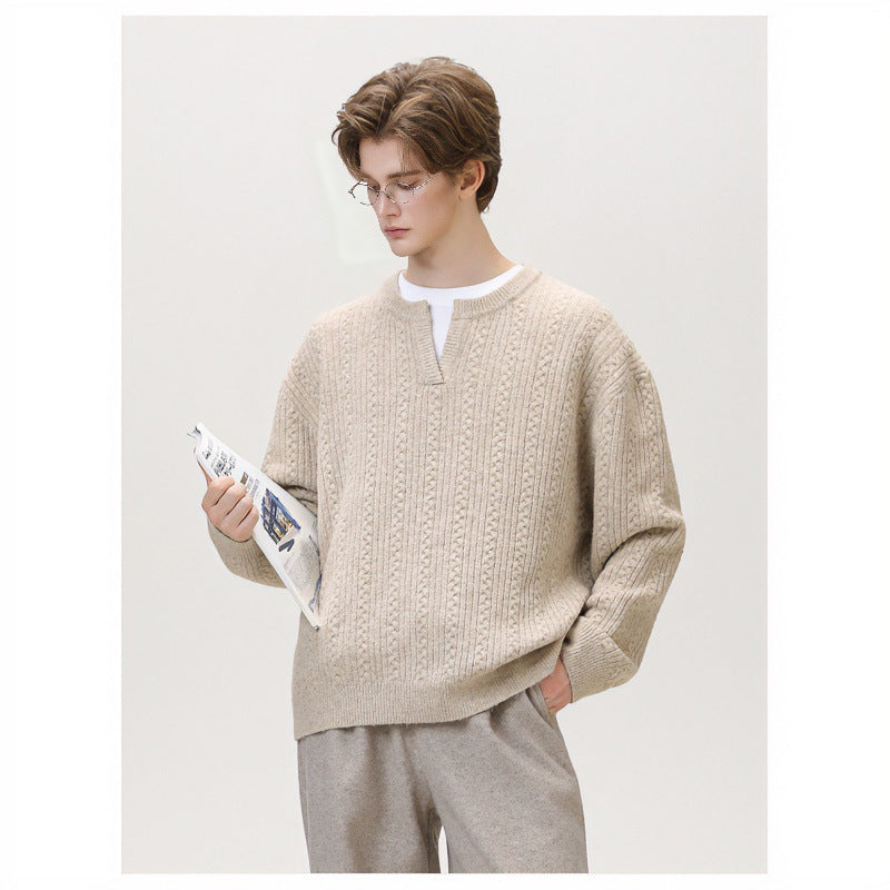 Damen Grobgestrickter Zopfmuster-Pullover mit V‑Ausschnitt und Lagen‑Optik Nord Taschen