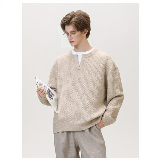 Damen Grobgestrickter Zopfmuster-Pullover mit V‑Ausschnitt und Lagen‑Optik Nord Taschen