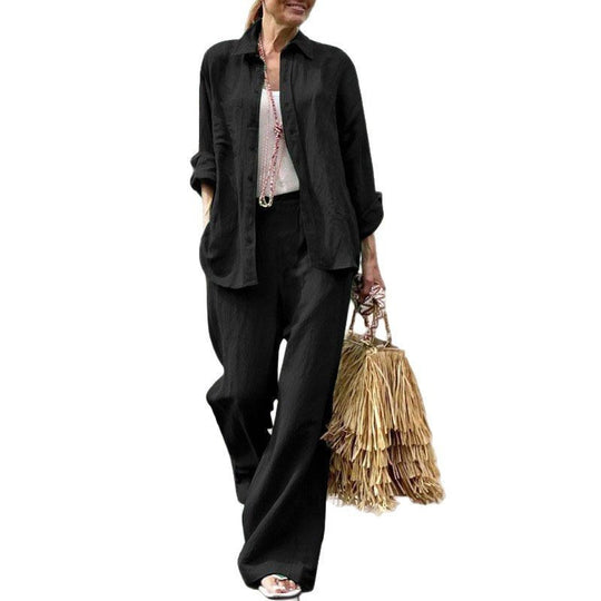 Damen Leichtes Leinen-Zweiteiler-Set mit lockerer Hemdbluse und weiter High-Waist-Hose Nord Taschen