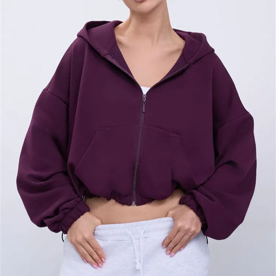 Damen legeres Cropped-Fleece-Hoodie mit Tunnelzugbund, Raglanärmeln und Reißverschluss Nord Taschen