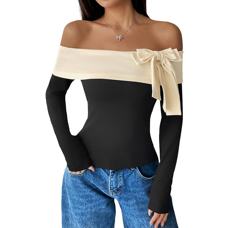 Damen Schulterfreies Langarm-Top mit weitem Umschlagkragen und Zierschleife Nord Taschen