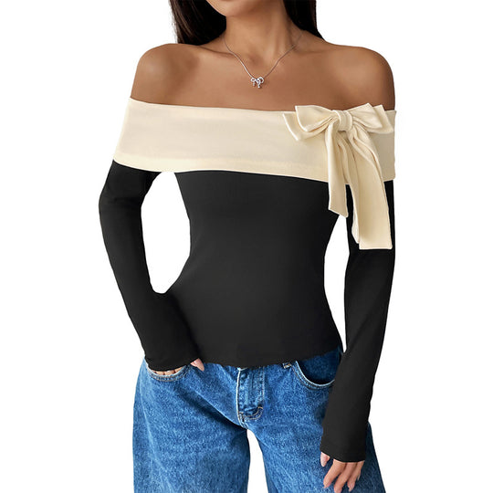 Damen Schulterfreies Langarm-Top mit weitem Umschlagkragen und Zierschleife Nord Taschen