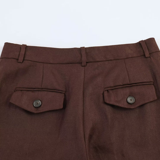 Damen Gerade geschnittene Leinenmisch-Hose mit hohem Bund, Bügelfalte und Eingrifftaschen Nord Taschen