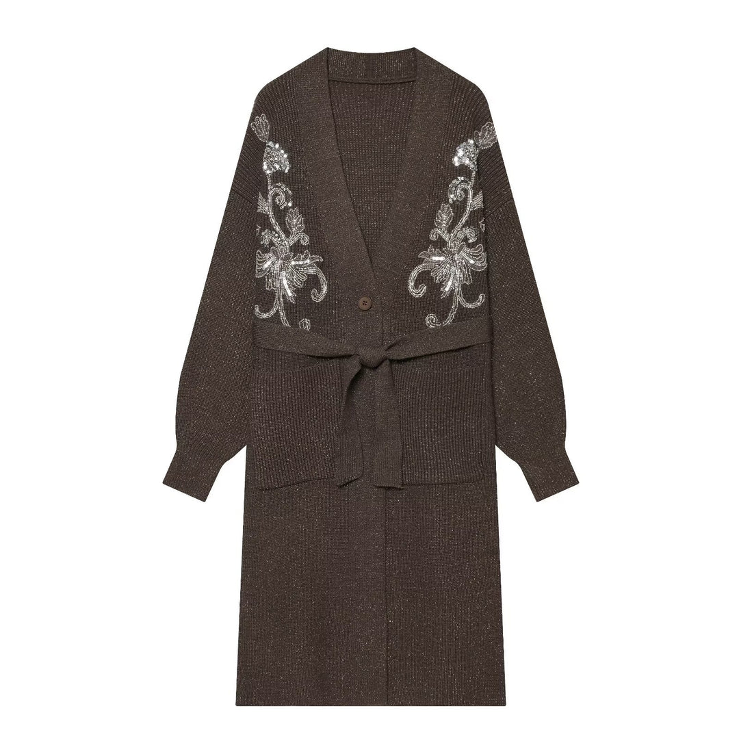 Damen Langer Strickcardigan mit Taillengürtel und Pailletten‑Stickerei Nord Taschen