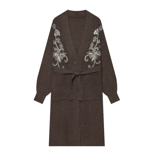 Damen Langer Strickcardigan mit Taillengürtel und Pailletten‑Stickerei Nord Taschen