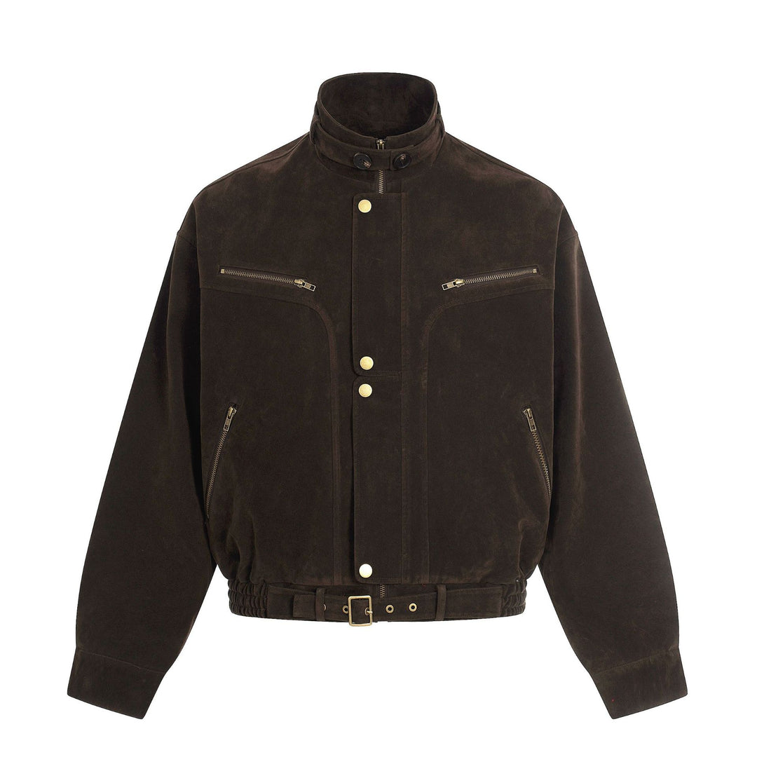 Herren Veloursleder-Blouson im Aviator‑Stil mit Stehkragen, Taillenriegel und Reißverschlusstaschen Nord Taschen