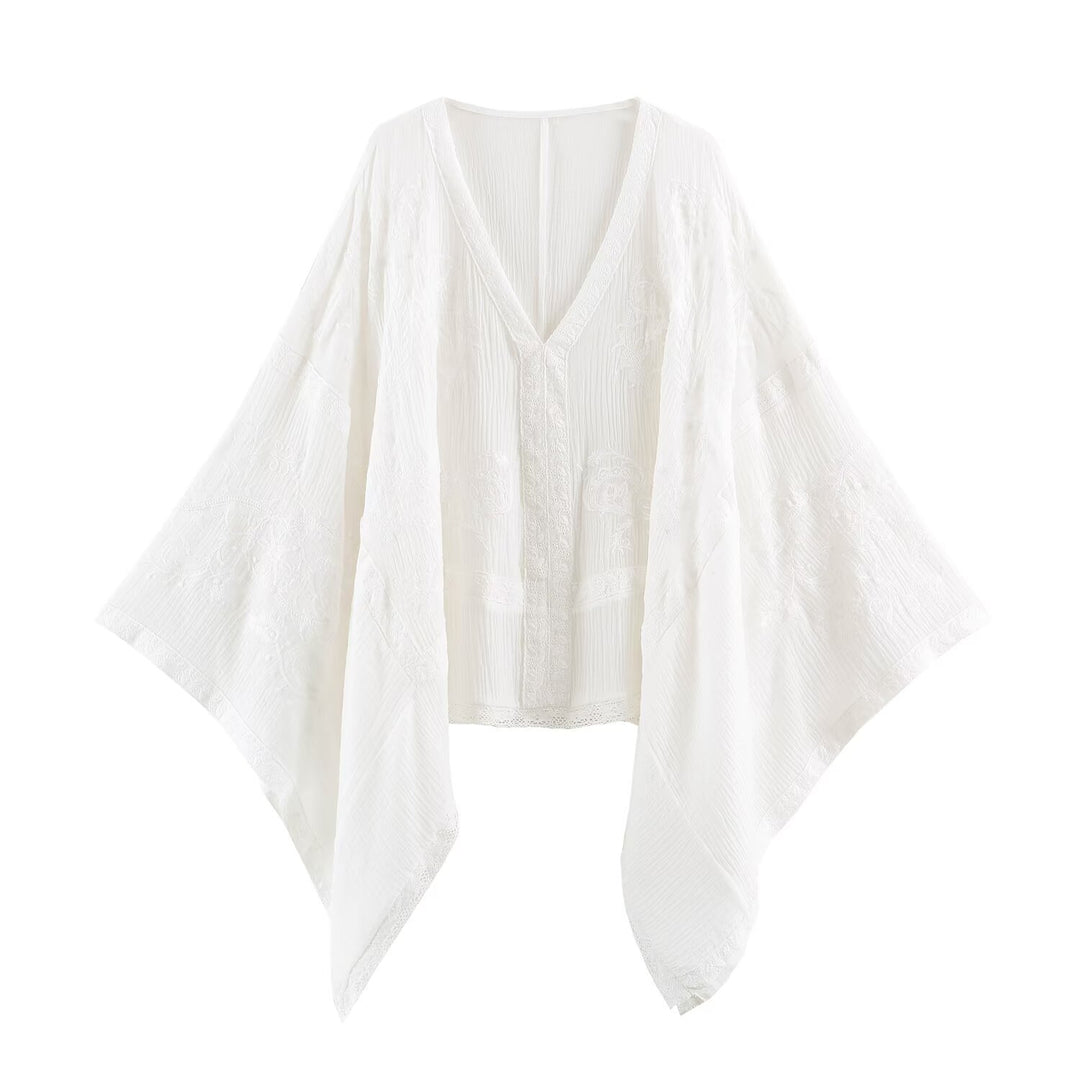 Damen Besticktes Kaftan-Top mit V-Ausschnitt und weiten Fledermausärmeln Nord Taschen