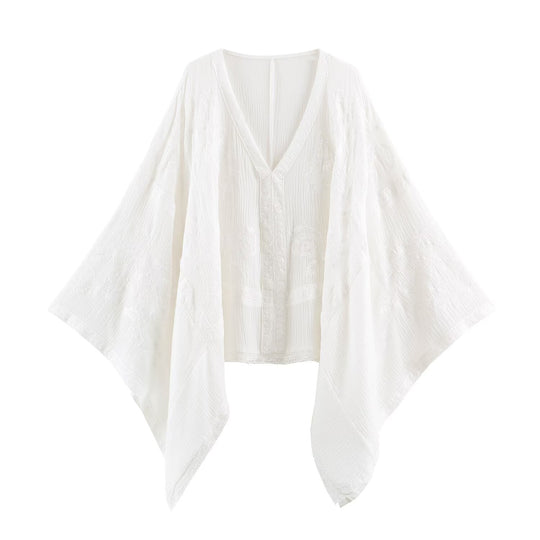 Damen Besticktes Kaftan-Top mit V-Ausschnitt und weiten Fledermausärmeln Nord Taschen
