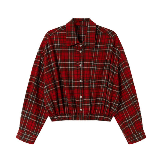 Damen Kurz geschnittene Oversize-Hemdjacke im Karo‑Flanell mit Gummizugsaum Nord Taschen