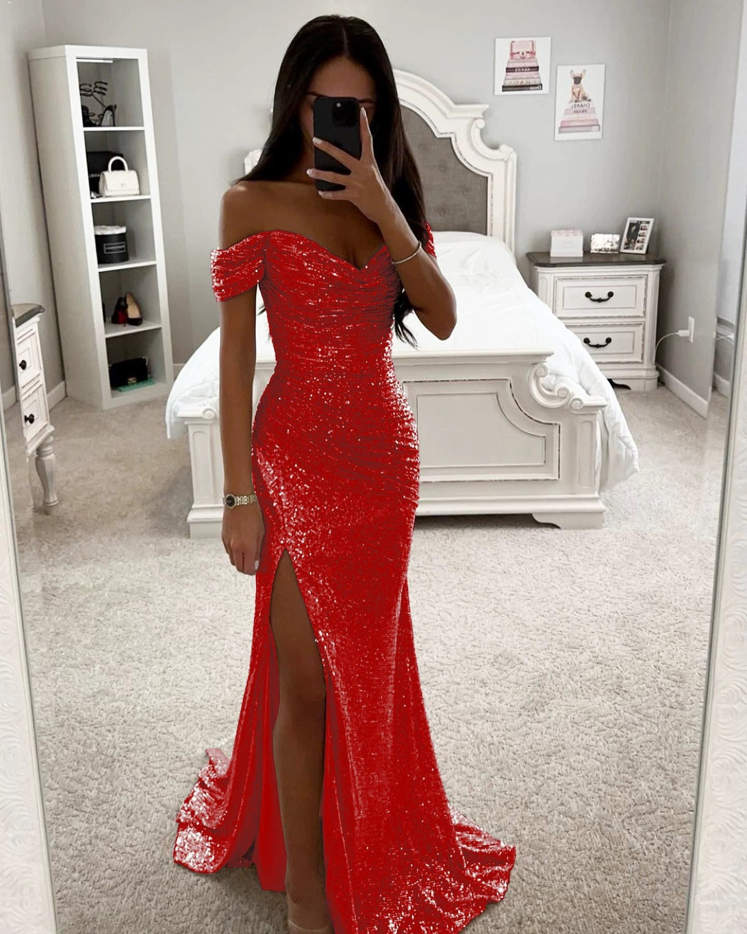 Damen Glitzerndes Off-Shoulder Abendkleid mit seitlichem Schlitz