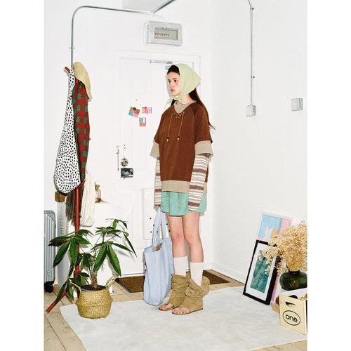 Damen Lagenlook-Sweatshirt mit Schnürung, gestreiften Ärmel-Einsätzen und asymmetrischem Saum Nord Taschen