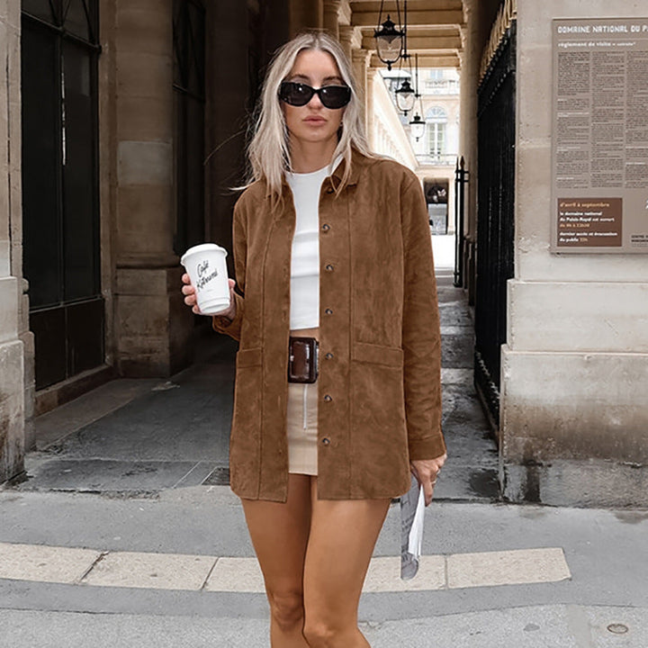 Damen Modische Wildlederjacke mit Druckknopfverschluss und praktischen Taschen