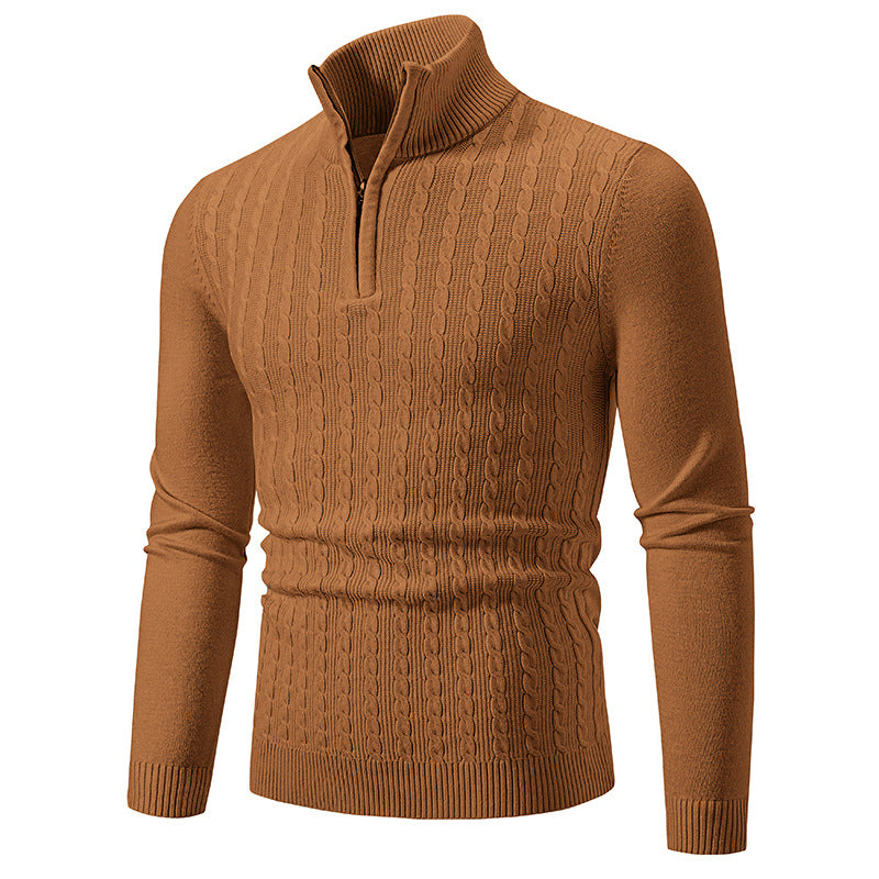 Herren Eleganter Zopfmuster-Halbzip-Pullover mit hohem Stehkragen und schmaler Passform Nord Taschen