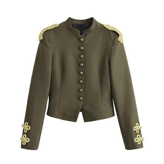 Damen taillierte militärische Kurzjacke mit Stehkragen, Epauletten und verzierten Zierknoten Nord Taschen
