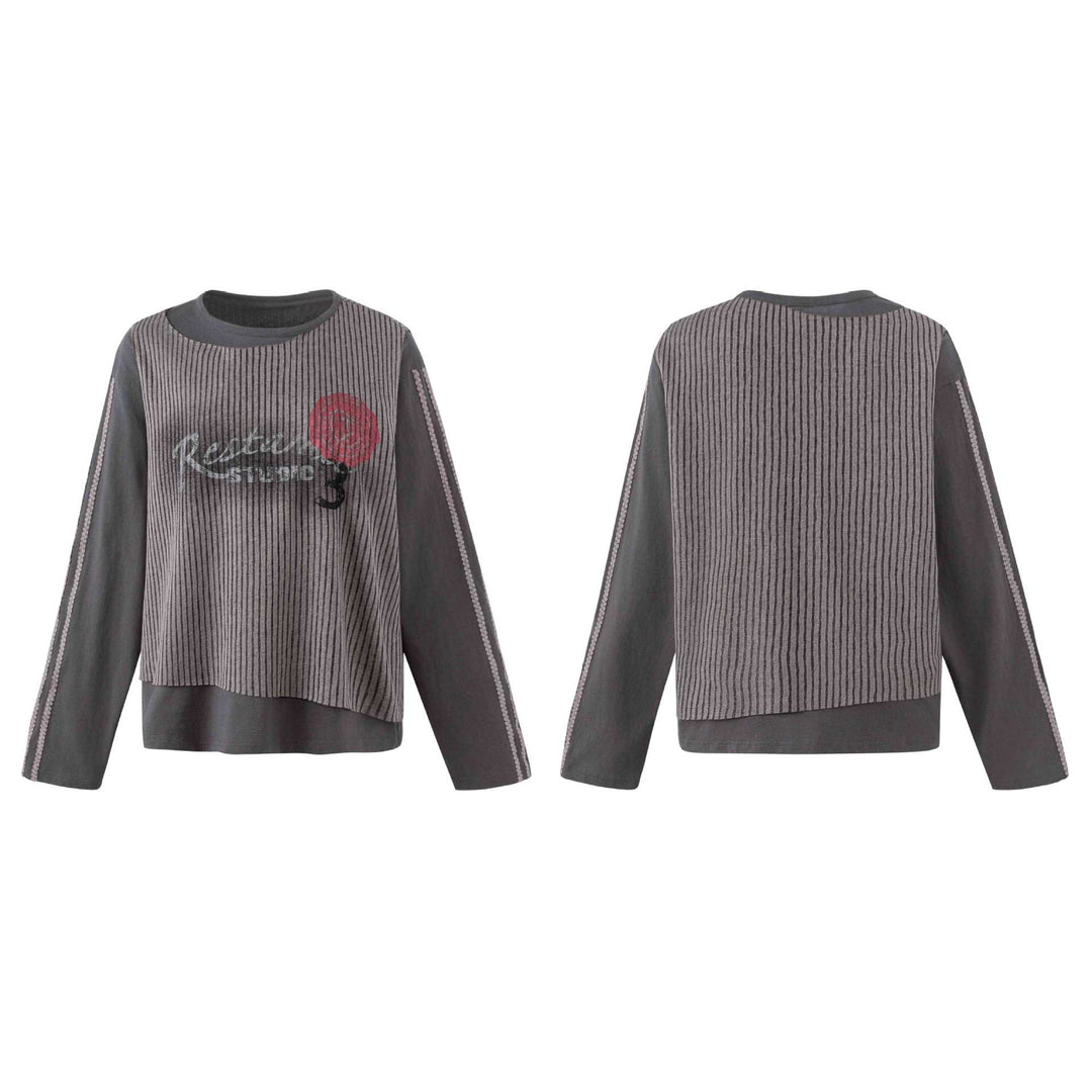 Damen Lässiges Sweatshirt mit gestreiftem Overlay, Ziernähten und Rosenprint Nord Taschen