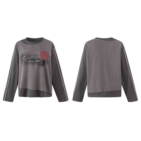 Damen Lässiges Sweatshirt mit gestreiftem Overlay, Ziernähten und Rosenprint Nord Taschen