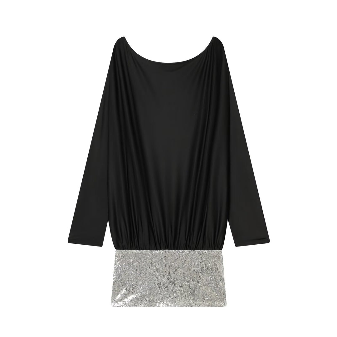 Damen Drapiertes Abendkleid mit weitem U‑Ausschnitt, Fledermausärmeln und Paillettenmini Nord Taschen