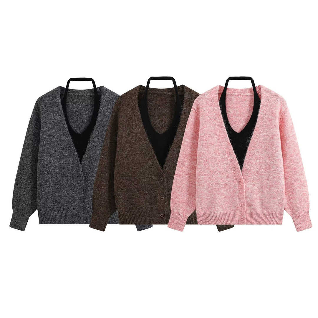 Damen Oversize Strickcardigan mit tiefem V Ausschnitt und Rippbund Nord Taschen