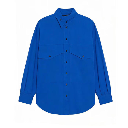 Damen Oversized Utility-Hemdbluse mit überschnittener Schulter, Pattentaschen und Stehkragen Nord Taschen