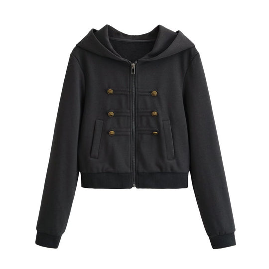 Damen Cropped Kapuzenblouson im Military‑Look mit Zierknopfleiste und geripptem Saum Nord Taschen