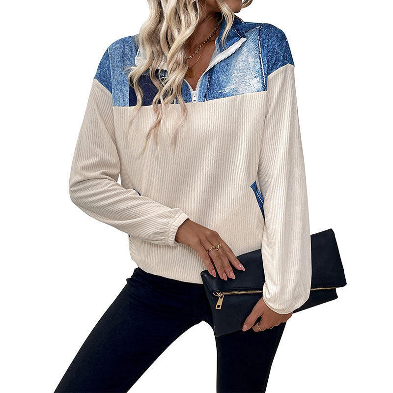 Damen Relaxed-Fit Cordstruktur-Halbzip-Pullover mit Jeans‑Optik‑Einsätzen Nord Taschen