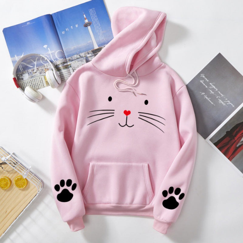 Damen nan Kapuzenpullover mit gedrucktem Katzenmotiv, Kängurutasche und Pfotenapplikationen Nord Taschen
