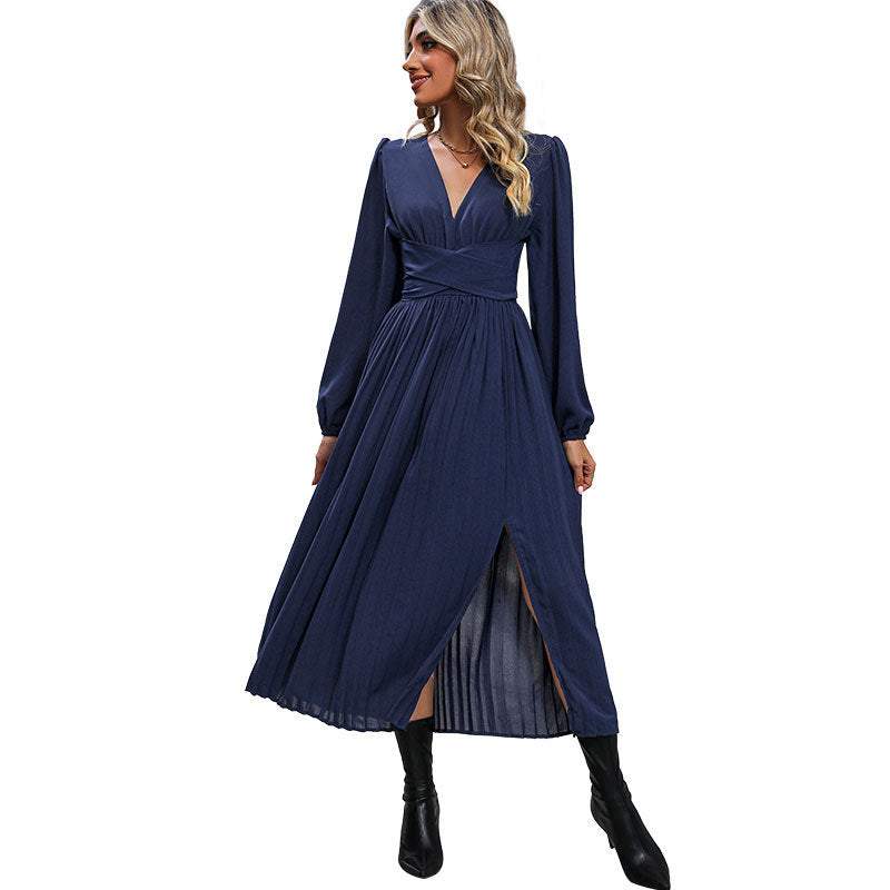 Damen Langes Viskose-Maxikleid mit Wickel-Taille, tiefem V‑Ausschnitt und hohem Beinschlitz Nord Taschen