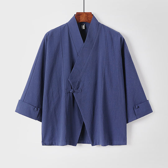 Herren Leinen-Kimono-Jacke mit traditionellem Knotenverschluss und mittel-langen Ärmeln Nord Taschen
