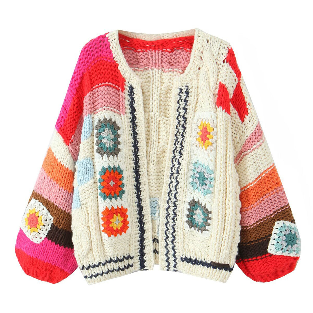 Damen Grobgestrickte Boho-Cardigan mit Häkelpatchwork Nord Taschen