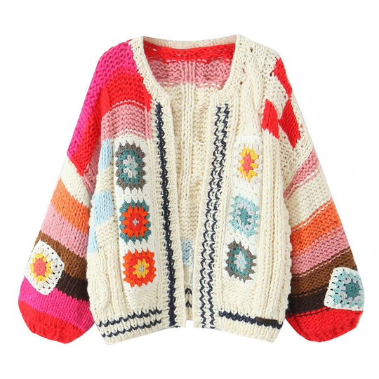 Damen Grobgestrickte Boho-Cardigan mit Häkelpatchwork Nord Taschen