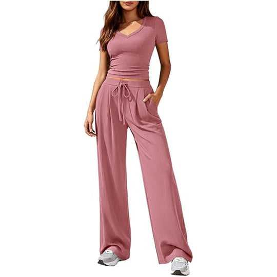 Damen Lässiges Lounge-Set mit tailliertem V-Ausschnitt bauchfreiem Top und weitem Kordelbund-Hose Nord Taschen