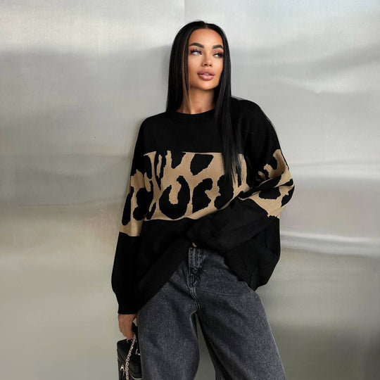Damen Oversized Strickpullover mit Leoparden-Bahnen, überschnittener Schulter und geripptem Saum Nord Taschen