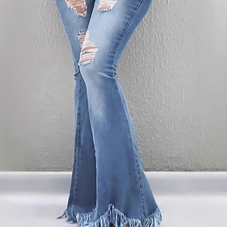 Damen High-Waist Flared-Jeans mit sculptendem Schnitt, Destroyed-Kniepartien und fransigem Volant-Saum Nord Taschen