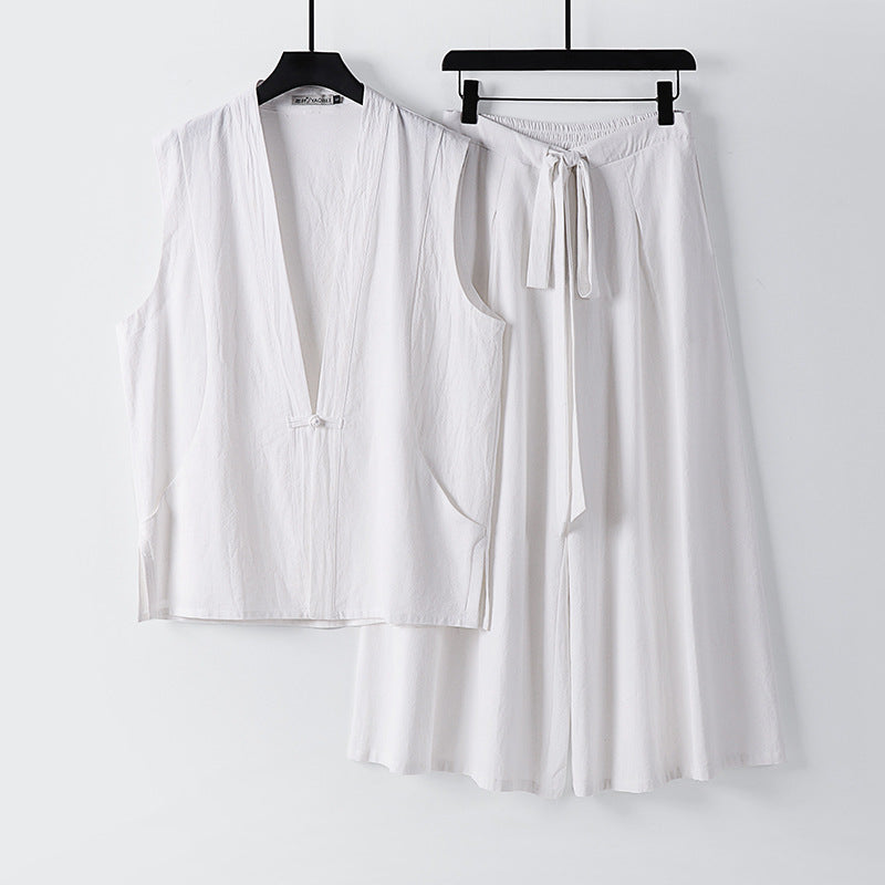 Damen Ärmelloses Kimono-Loungewear-Set aus leichtem Viskose-Leinen mit Bindeweste und weiten Palazzo-Hose Nord Taschen