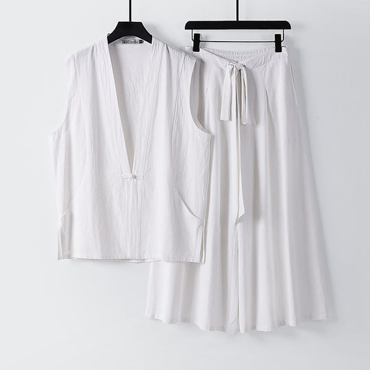 Damen Ärmelloses Kimono-Loungewear-Set aus leichtem Viskose-Leinen mit Bindeweste und weiten Palazzo-Hose Nord Taschen