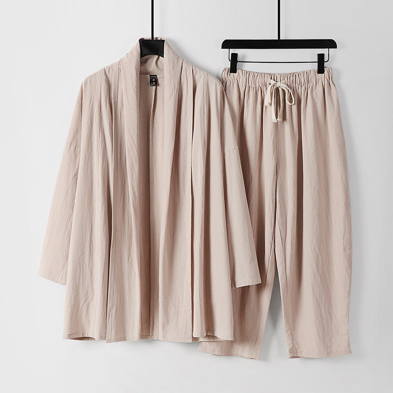 Unisex Lockeres Kimono-Lounge-Set aus leichter Baumwollmischung mit Schalkragen und Kordelbundhose Nord Taschen