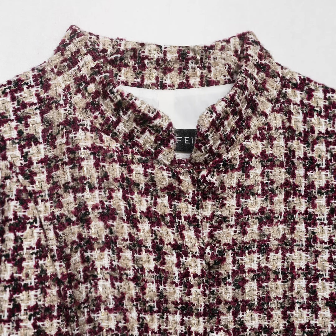 Damen Bouclé-Tweed Jacke mit Stehkragen und Kunstpelzmanschetten Nord Taschen