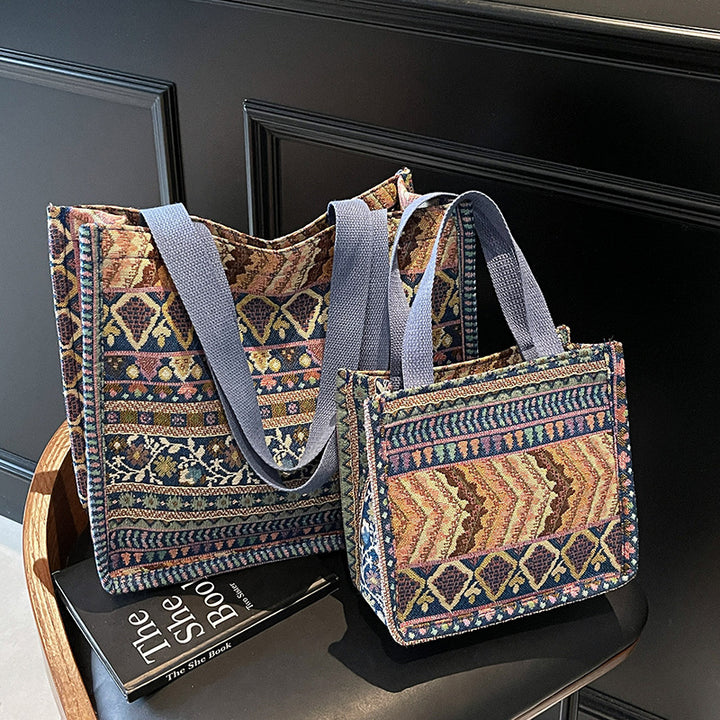 Damen Trendige Jute-Tasche mit buntem Ethnomuster Nord Taschen