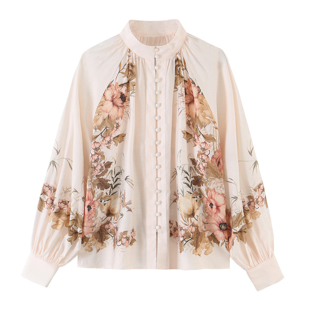 Damen Bluse mit Stehkragen, durchgehender Knopfleiste und weiten Ballonärmeln Nord Taschen