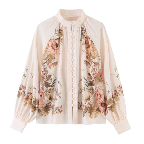 Damen Bluse mit Stehkragen, durchgehender Knopfleiste und weiten Ballonärmeln Nord Taschen