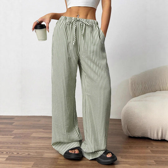 Damen Weite Highwaist-Hose mit Tunnelzug Streifen-Leinenoptik und Eingrifftaschen Nord Taschen