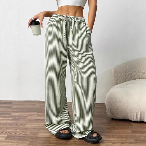 Damen Weite Highwaist-Hose mit Tunnelzug Streifen-Leinenoptik und Eingrifftaschen Nord Taschen
