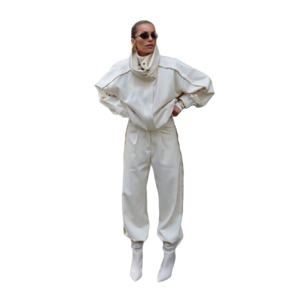 Damen Zweiteiliges Oversize-Jacken- und Bundfaltenhosen-Set mit hohem Stehkragen Nord Taschen