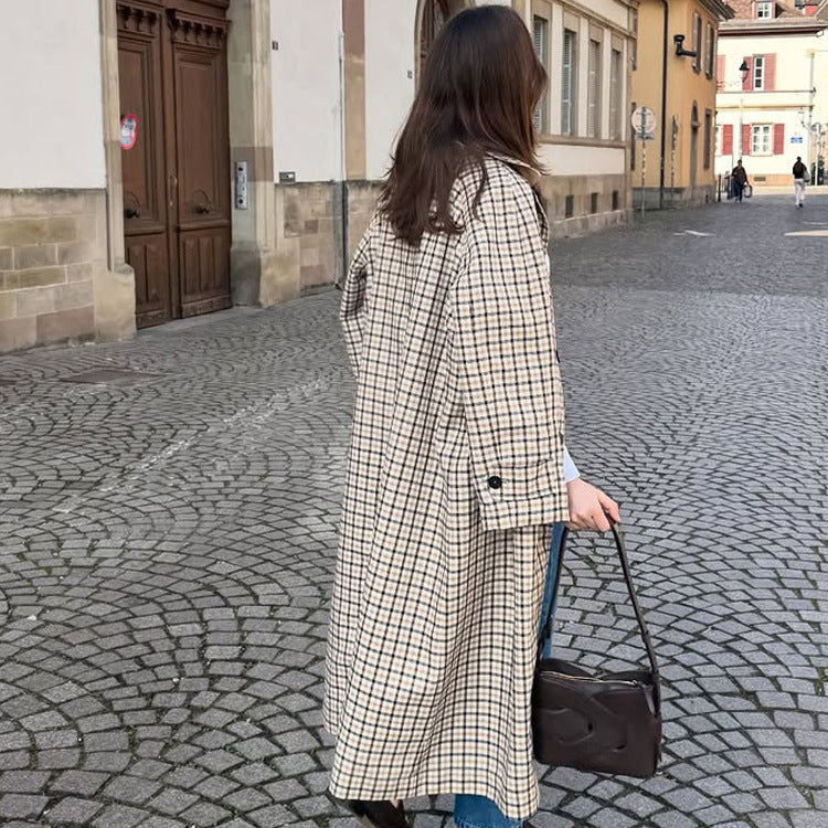 Damen Maxilanger karierter Wollmix-Mantel mit gerader Silhouette Nord Taschen