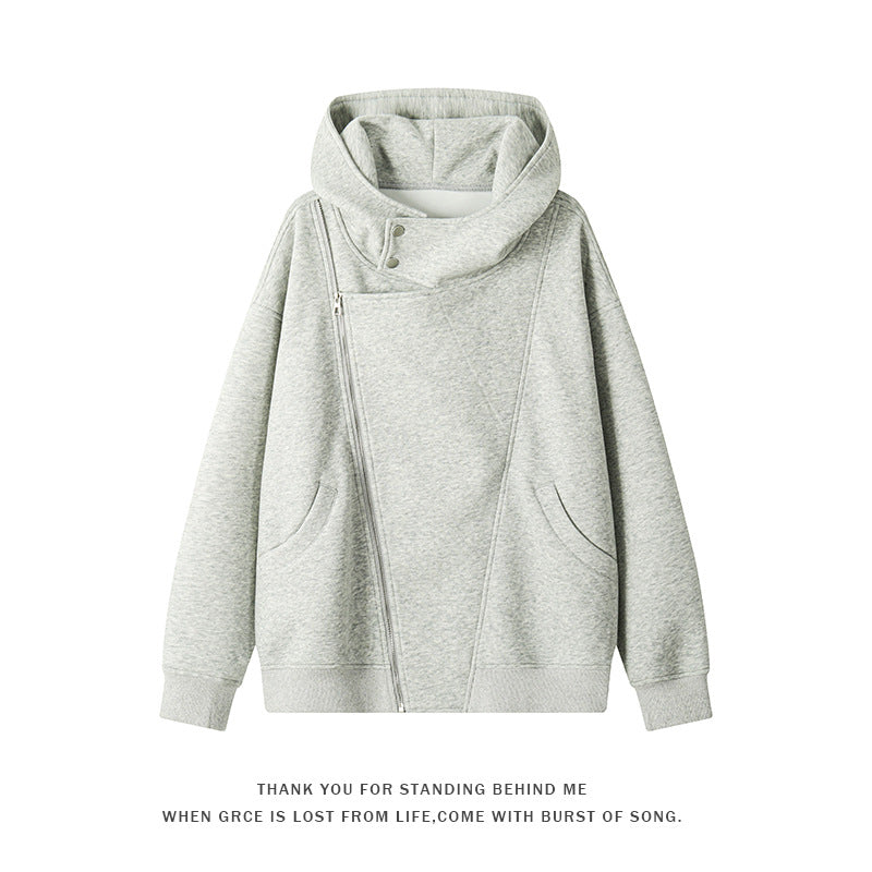 Damen asymmetrischer Kapuzenpullover mit hohem Kragen, diagonalem Reißverschluss und Kängurutaschen Nord Taschen