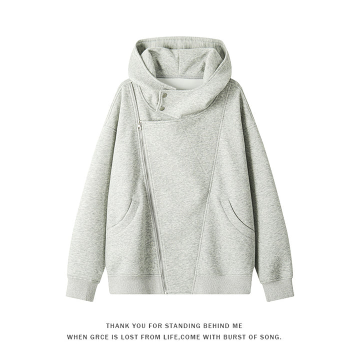 Damen asymmetrischer Kapuzenpullover mit hohem Kragen, diagonalem Reißverschluss und Kängurutaschen Nord Taschen